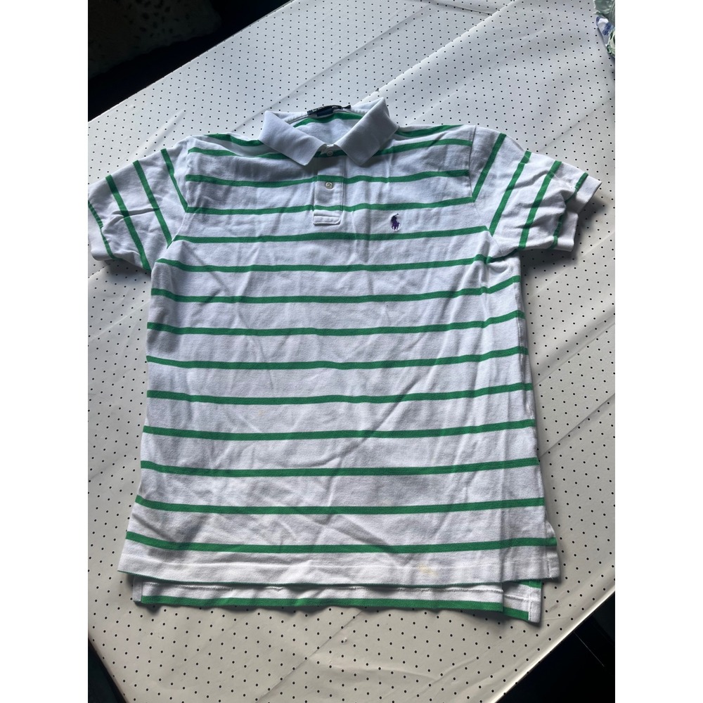Polo Ralph Lauren Mens L White Green Striped Pique Polo Shirt Purple Pony Logo